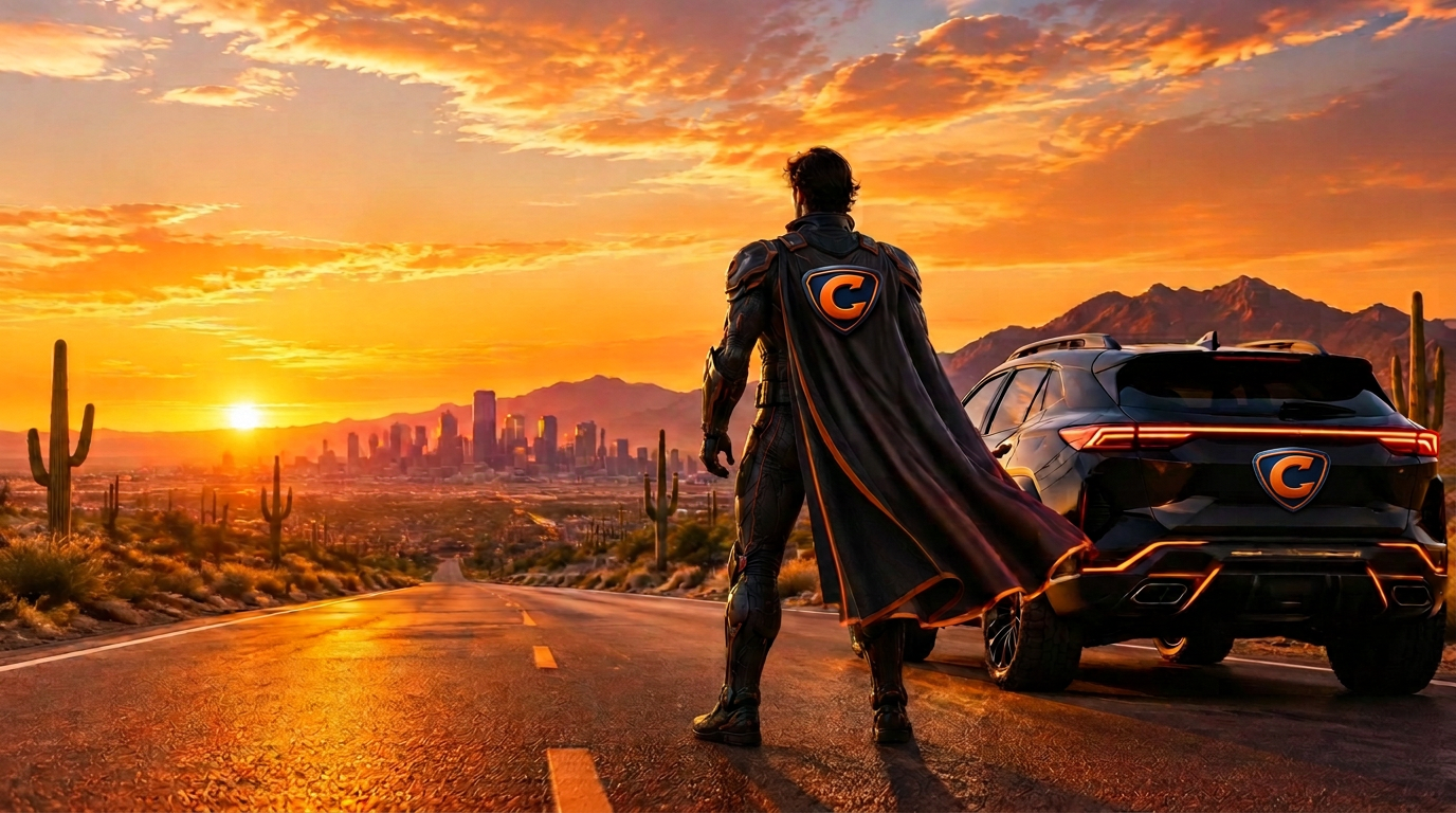 CRASH and his response vehicle overlooking the Phoenix skyline at dusk