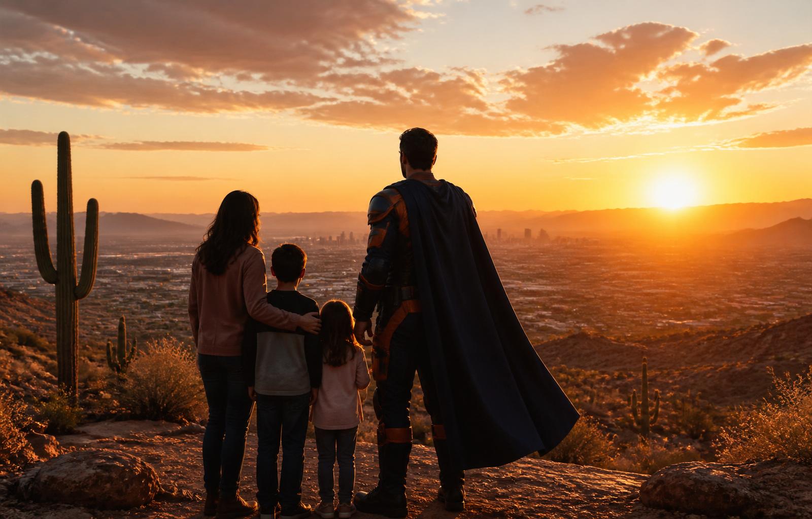 CRASH standing beside a family at an Arizona sunrise overlook, calm and reassuring