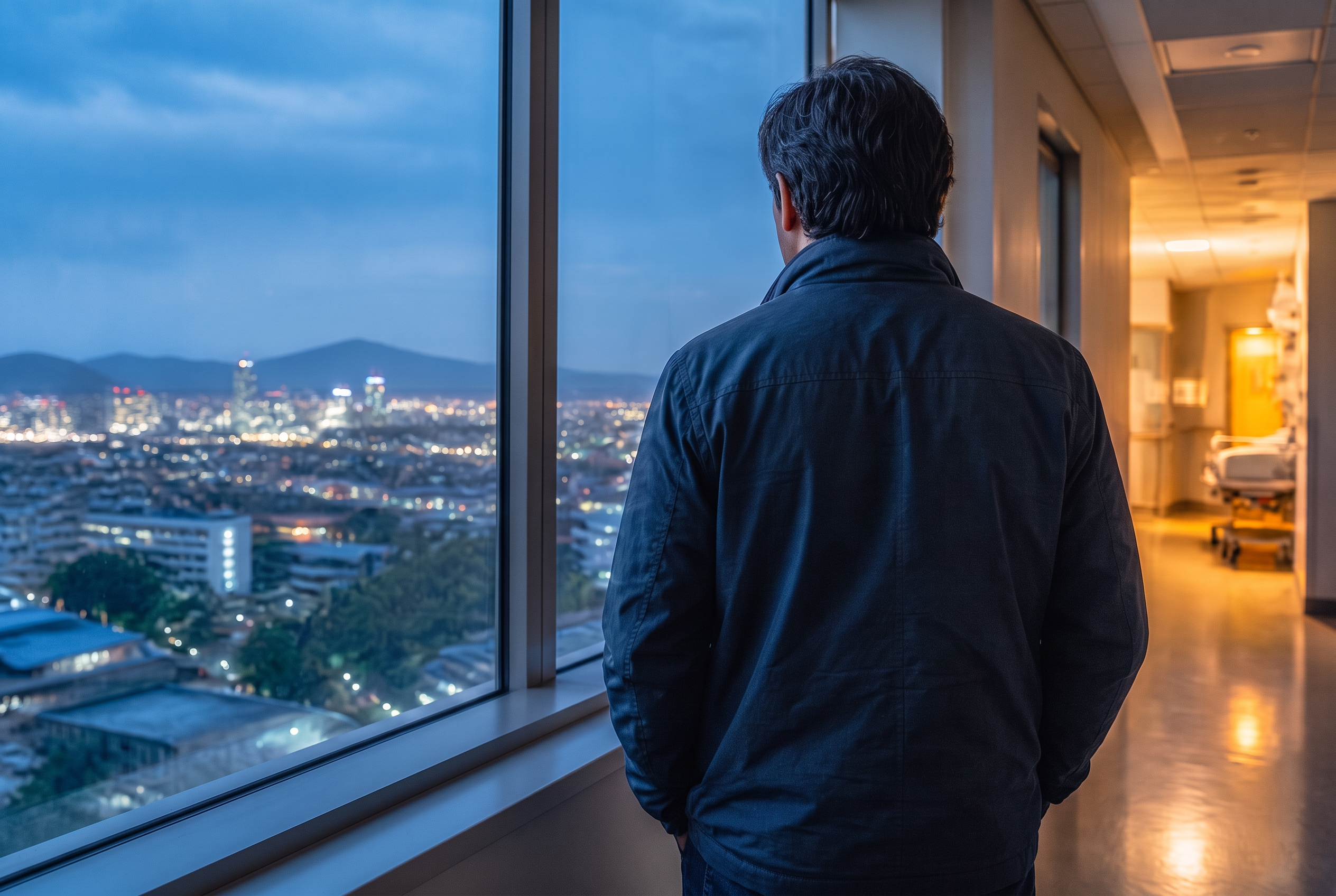 A figure standing at a hospital window at night, overlooking Phoenix
