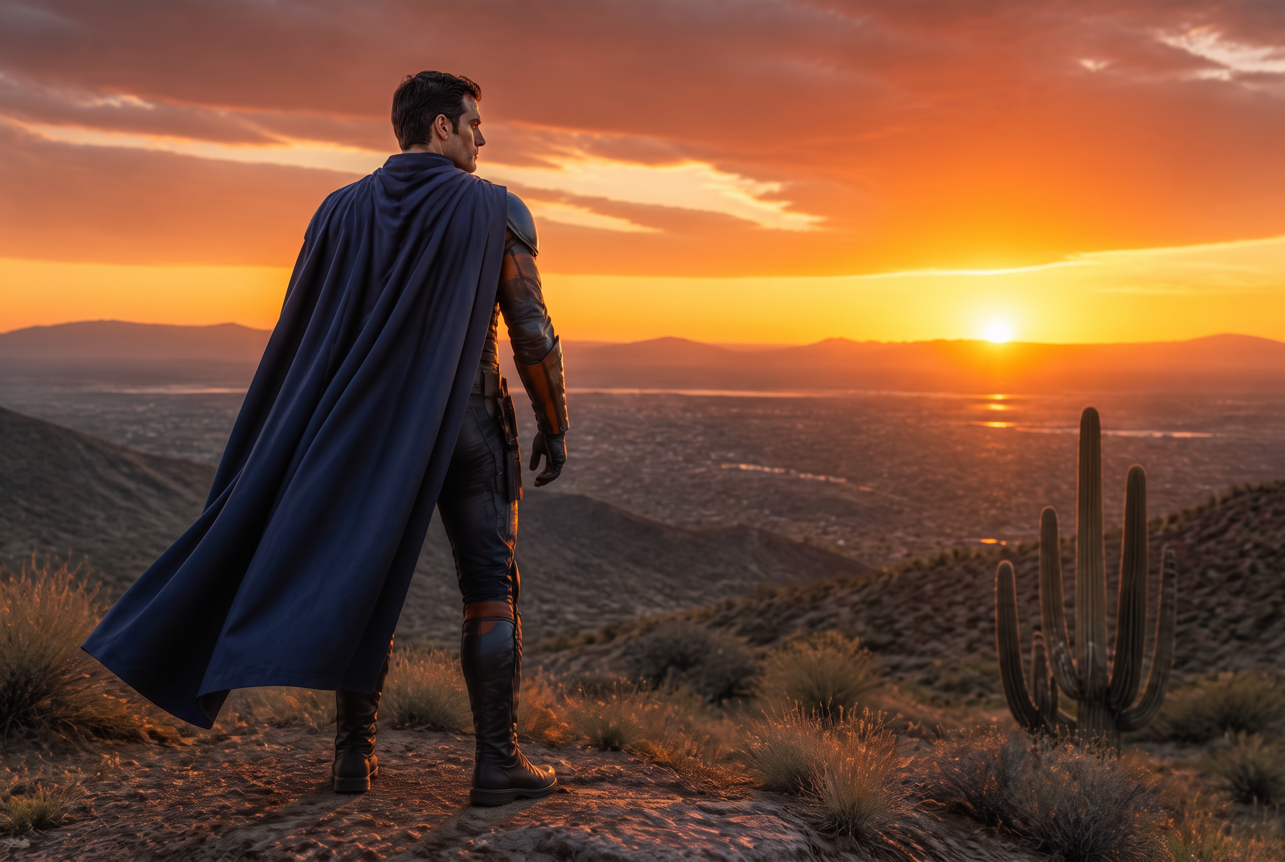 CRASH standing on a ridge overlooking the Phoenix valley at sunrise