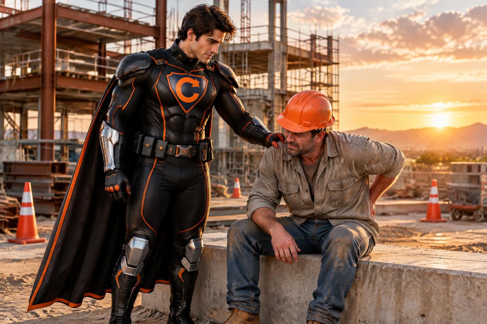 A workplace injury scene at golden hour, calm and hopeful